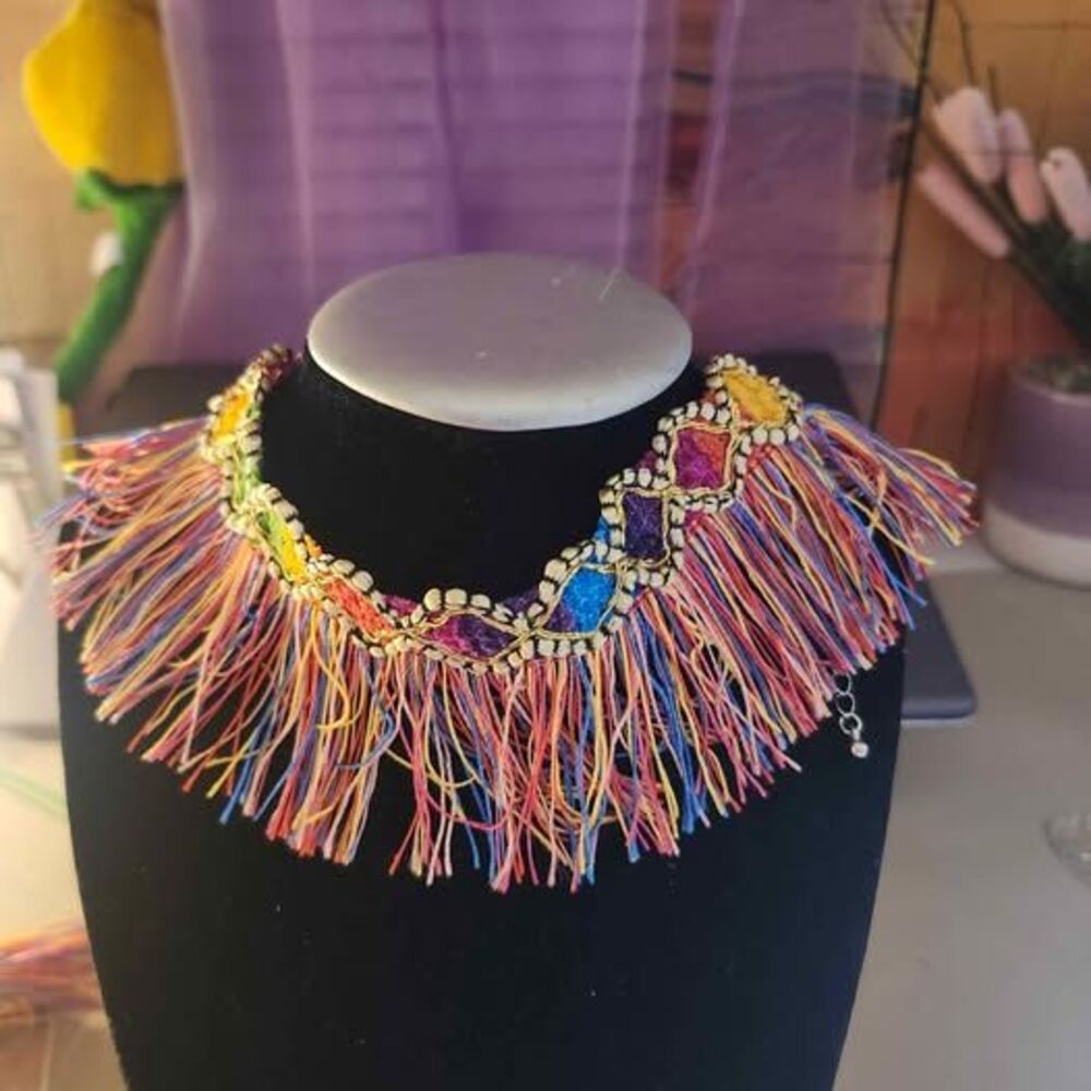 Rainbow Boho Embroidered Fringe Choker Necklace and Bracelet Set